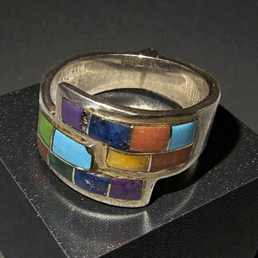 Southwestern Sterling Silver Multi-Stone Inlay Ring – Signed